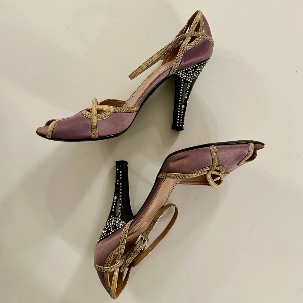 Vintage Prada Satin Peep-toe Dorsey Pumps with Rhinestone Heel - Picture 2 of 10